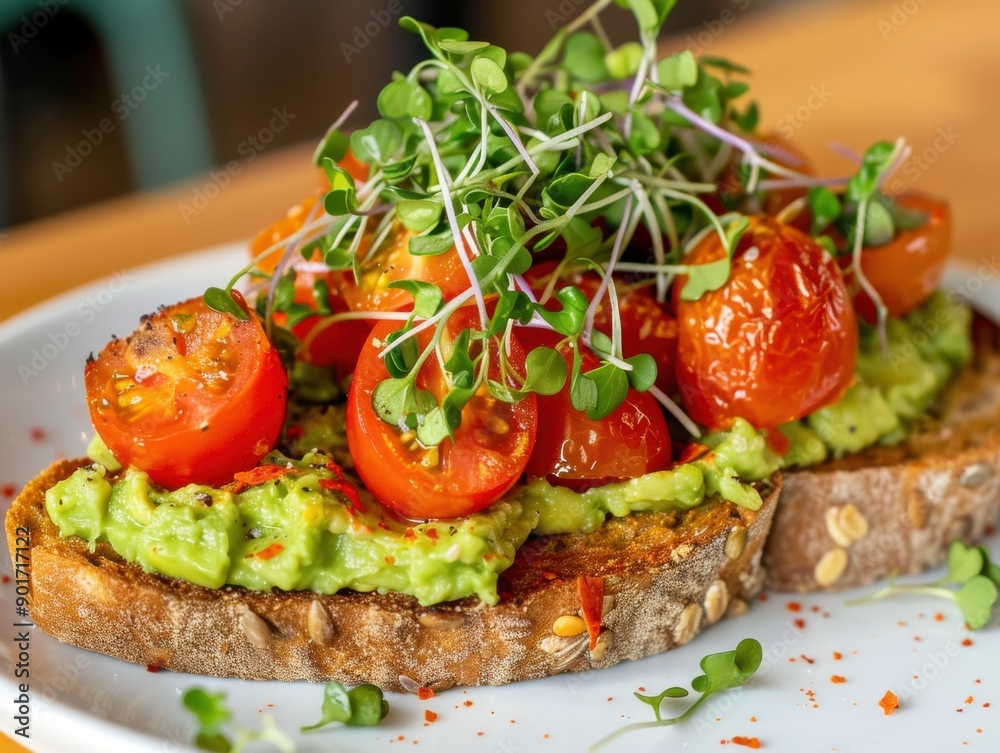 A close-up shot of a whole grain toast topped with mashed avocado, cherry tomatoes, and microgreens A close-up shot of a whole grain toast topped with mashed avocado, cherry tomatoes, and microgreens