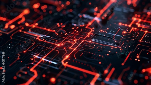 Futuristic Circuit Board with Red Glowing Lines