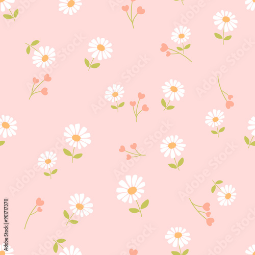 Seamless pattern of daisy with green leaves and heart shape leaves on pink background vector. Cute floral print. © Thanawat