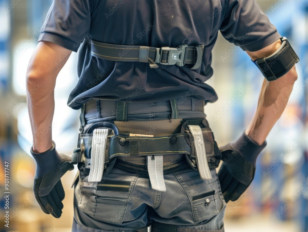 A detailed image of a worker using proper lifting techniques, wearing a back brace and gloves, highlighting ergonomics and safety A detailed image of a worker using proper lifting techniques, wearing a back brace and gloves, highlighting ergonomics and safety