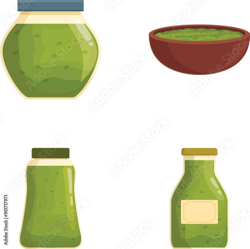 Fresh pesto icons set cartoon vector. Pesto sauce in jar and bowl. Spicy condiment