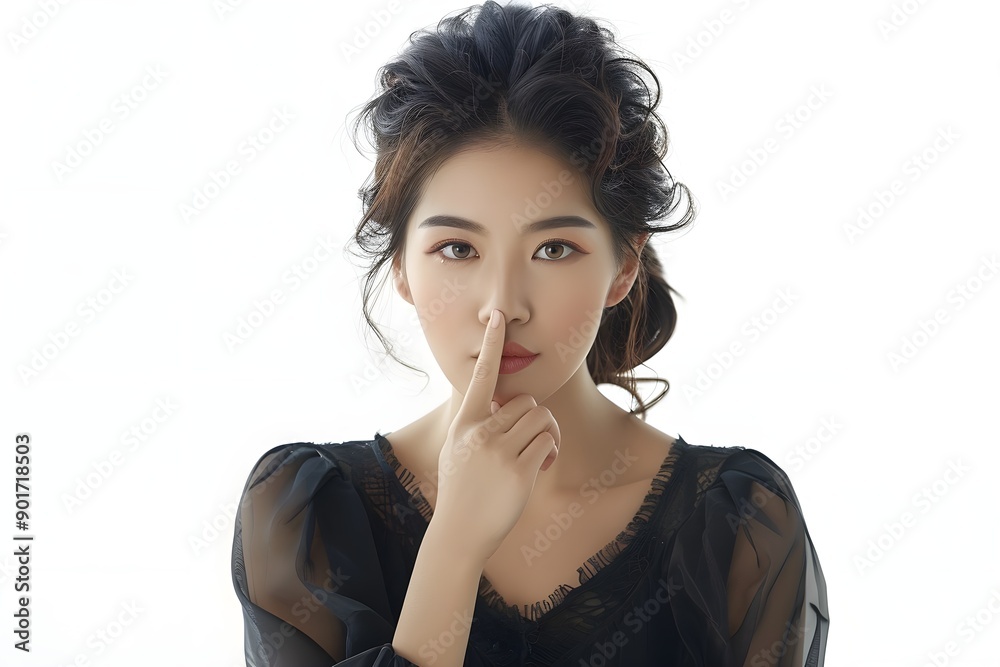 Beautiful Asian woman wearing a dark dress and depicted putting her finger in her mouth, making a gesture of silence, Generative AI Beautiful Asian woman wearing a dark dress and depicted putting her finger in her mouth, making a gesture of silence, Generative AI