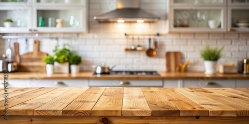 Obraz na płótnie Wooden table on blurred kitchen bench background. Empty wooden table and blurred kitchen background w salonie