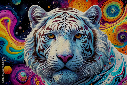 White tiger in fractals and swirls of psychedelic art