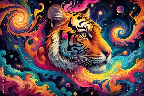 Tiger in fractals and spirals of psychedelic art photo