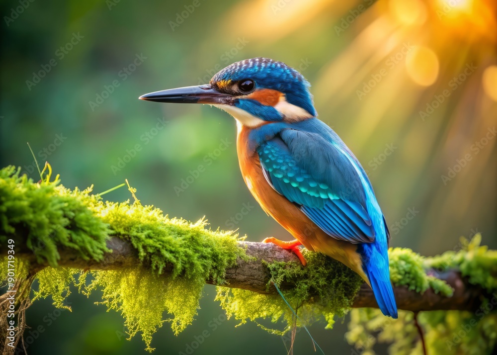 Vibrant kingfisher perched on a moss-covered branch amidst lush green foliage, its iridescent blue and white feathers glistening in the warm afternoon sunlight. Vibrant kingfisher perched on a moss-covered branch amidst lush green foliage, its iridescent blue and white feathers glistening in the warm afternoon sunlight.