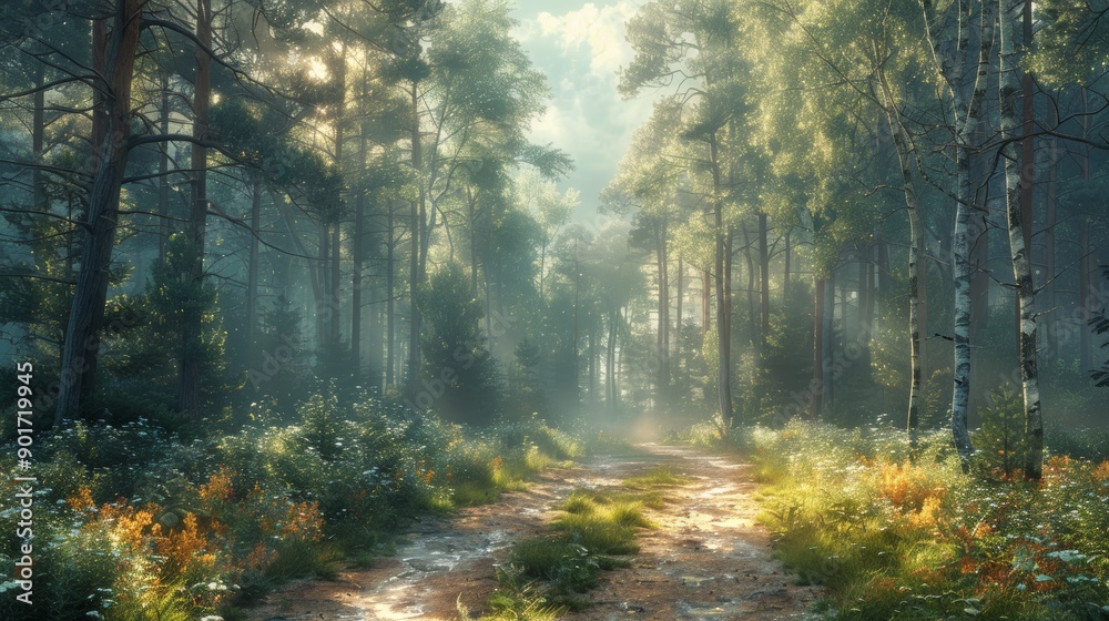 Serene Forest Pathway Surrounded by Lush Greenery During Early Morning Mist. Generative AI Serene Forest Pathway Surrounded by Lush Greenery During Early Morning Mist. Generative AI