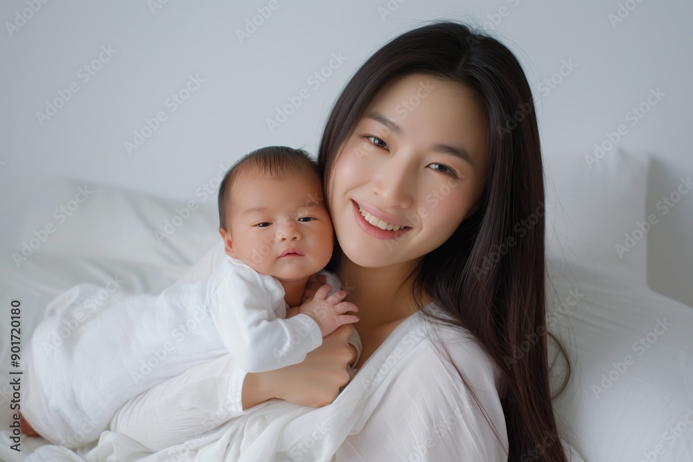 Asian mother with long straight hair smiling and holding her baby on a bed in a minimalistic room Asian mother with long straight hair smiling and holding her baby on a bed in a minimalistic room