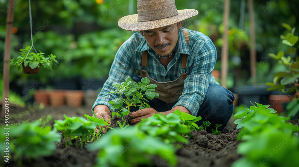 A man is standing in a field of green plants, wearing a straw hat A man is standing in a field of green plants, wearing a straw hat