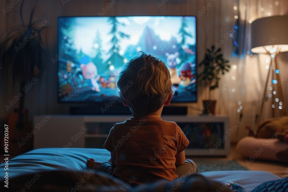 Photo of A children is watching cartoons on a TV in the house, Concept of screen use in children , Generative AI Photo of A children is watching cartoons on a TV in the house, Concept of screen use in children , Generative AI