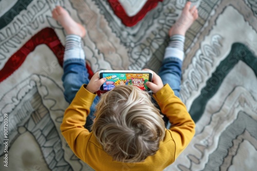 Photo of a children holding a mobile phone and staring at it, Concept of screen use in children , Generative AI