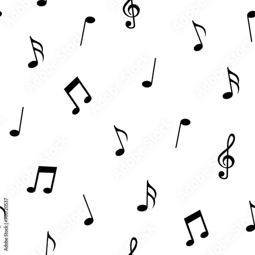 Musical seamless pattern with black notes on white background.

