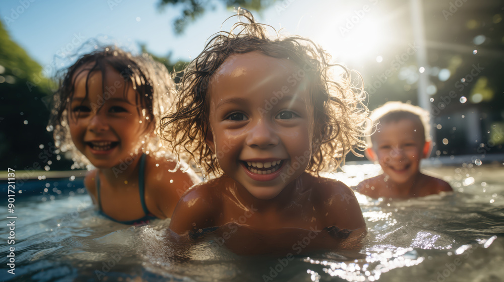 Happy Kids Playing in a Pool on a Sunny Day, Excited and Smiling Happy Kids Playing in a Pool on a Sunny Day, Excited and Smiling
