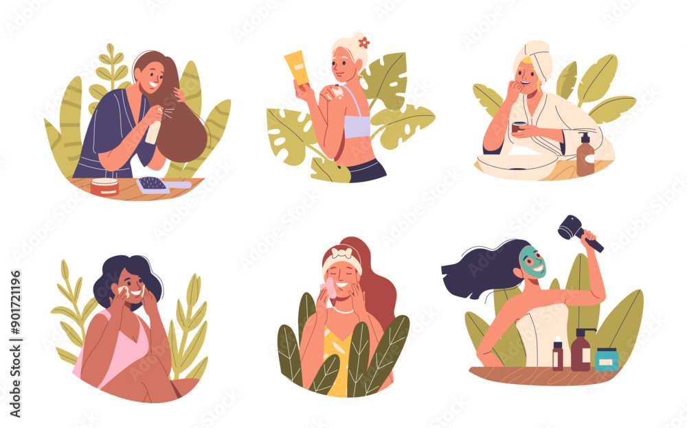 Young Women Participating In Different Self-care And Beauty Routines, Including Hair Care, Facial Treatments, Skin Care