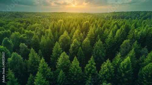 Lush Green Forest Landscape Under Beautiful Sunset Sky in Early Evening. Generative AI