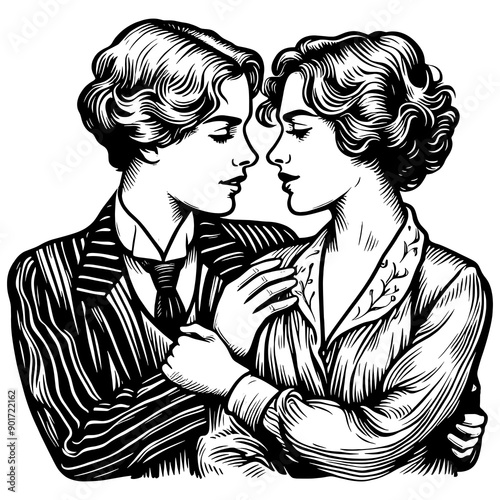 two lesbian women kissing, romantic, playful mood with intricate detail sketch engraving generative ai fictional character PNG illustration. Scratch board imitation. Black and white image. photo