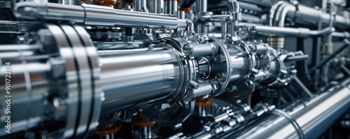 Close-up of shiny metallic pipes and machinery showcasing industrial design and engineering in a modern facility.
