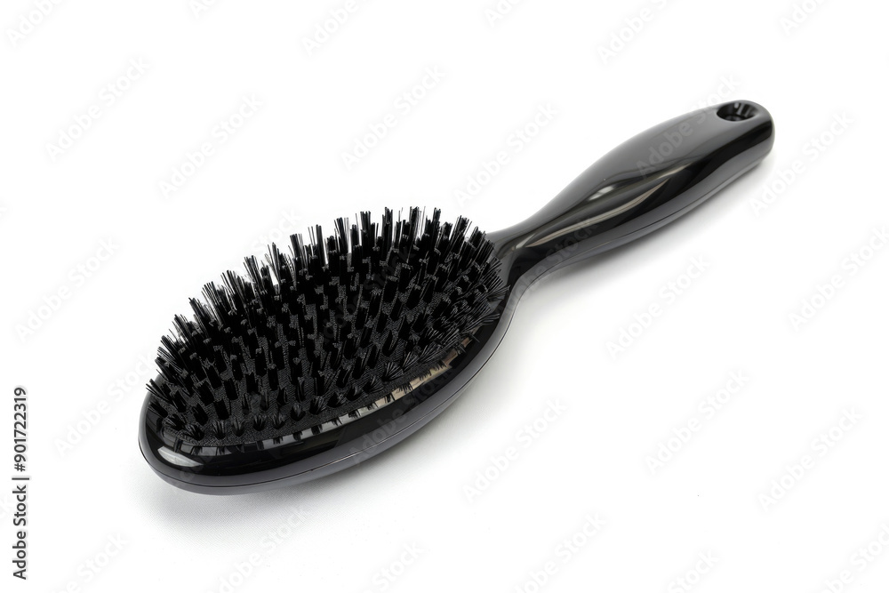 A black plastic hairbrush isolated on a white background. A black plastic hairbrush isolated on a white background.