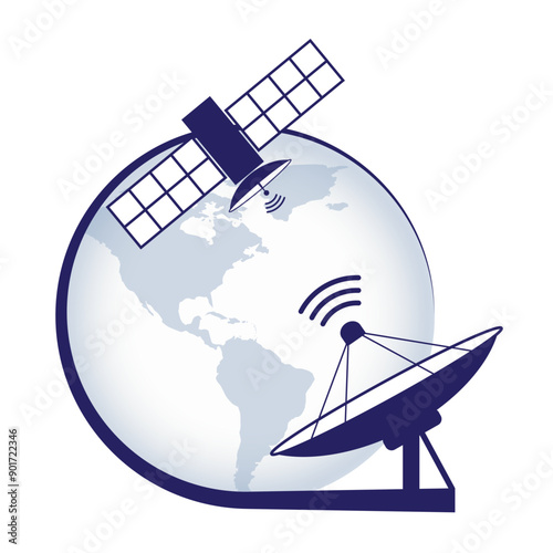Artificial satellite. Telecommunication satellite on the earth geostationary in space and satellite antenna.  Vector illustration for your design. EPS10.