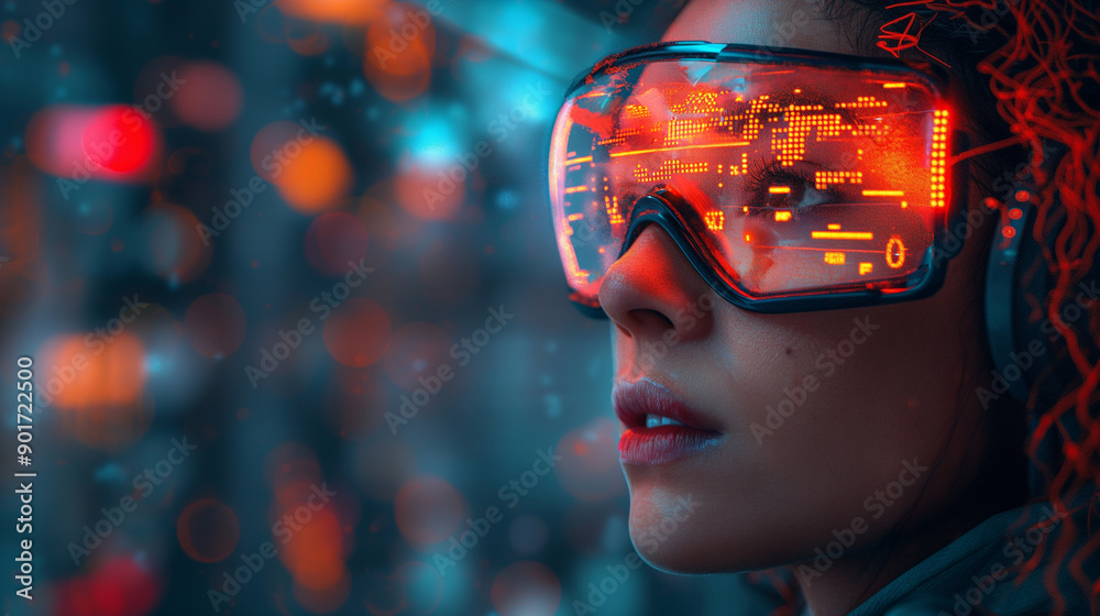 A woman wearing a pair of virtual reality goggles is looking at a cityscape A woman wearing a pair of virtual reality goggles is looking at a cityscape