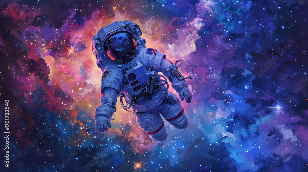 A painting of an astronaut floating near the International Space Station, with a background of the Milky Way, colorful nebulae, and distant stars A painting of an astronaut floating near the International Space Station, with a background of the Milky Way, colorful nebulae, and distant stars