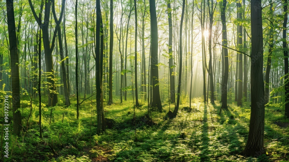 Obraz premium Sunlight Streaming Through a Dense Forest Canopy