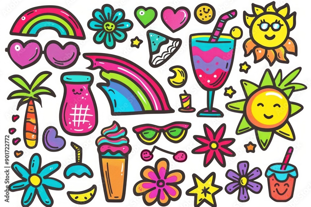 Fototapeta premium Cute neon doodle stickers, hearts, rainbows, flowers, sunglasses, beach and sun, smoothies, ice cream, vivid colors