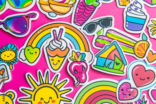 Cute neon doodle stickers, hearts, rainbows, flowers, sunglasses, beach and sun, smoothies, ice cream, vivid colors