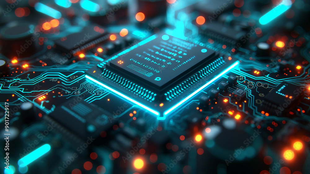 A computer chip is lit up in a blue and orange glow