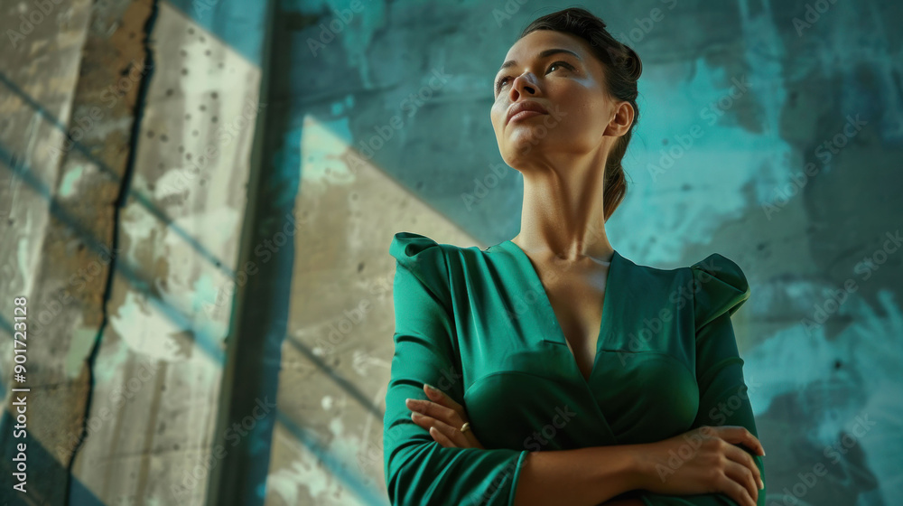 A confident woman in a green dress with her arms crossed, standing in a modern industrial setting with dramatic lighting. A confident woman in a green dress with her arms crossed, standing in a modern industrial setting with dramatic lighting.