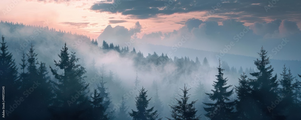 Serene landscape of misty forest during sunrise, showcasing the beauty of nature's tranquility and peaceful atmosphere. Serene landscape of misty forest during sunrise, showcasing the beauty of nature's tranquility and peaceful atmosphere.