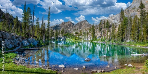 Fototapeta Naklejka Na Ścianę i Meble -  An alpine lake surrounded by mountains and trees with a clear sky and reflections in the water