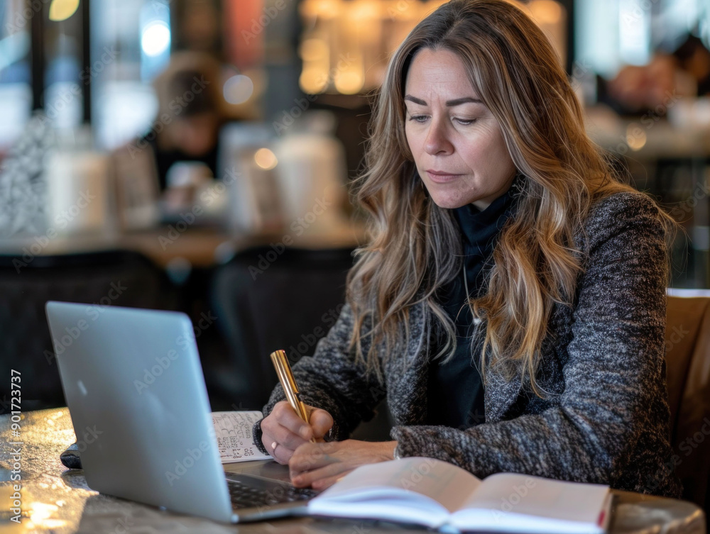 A focused woman writing notes while working on a laptop in a cozy cafe. A focused woman writing notes while working on a laptop in a cozy cafe.
