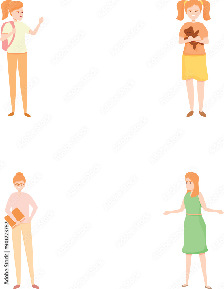 Girl icons set cartoon vector. Woman in different age period. Life cycle, growing up Girl icons set cartoon vector. Woman in different age period. Life cycle, growing up