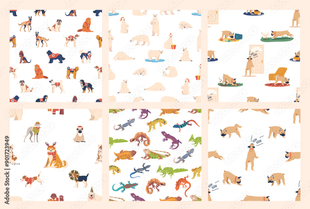 Obraz premium Adorable Seamless Pattern Set Featuring A Variety Of Animals Including Dogs, Polar Bears, And Reptiles. Playful Designs