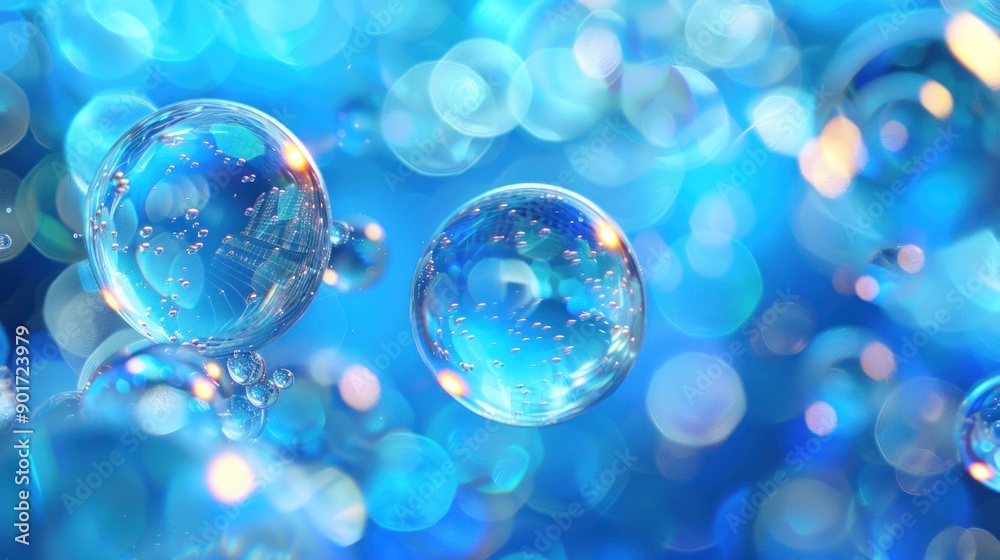 Transparent Spheres Floating in a Blue, Blurred Background Transparent Spheres Floating in a Blue, Blurred Background