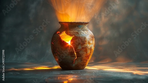 A broken clay vessel emitting a warm, glowing light from its cracks