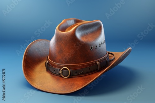 Realistic 3d male cowboy hat on blue studio background for authentic western theme photo