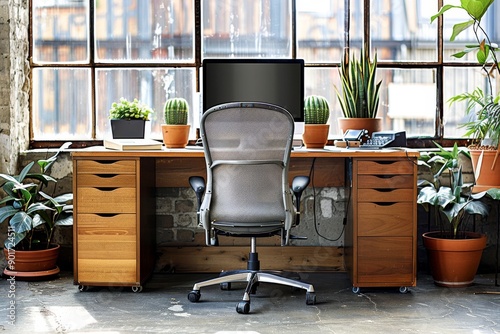 Rustic home office with wooden desk ergonomic chair and indoor plants. photo