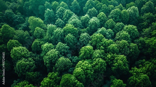 Aerial View of Lush Green Forest in the Early Morning Light. Generative AI © Рудой Максим