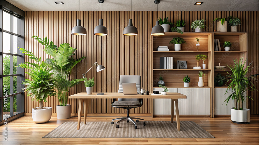 A stylish home office features a wooden desk, an ergonomic chair, and lush greenery, providing a serene workspace filled with natural light A stylish home office features a wooden desk, an ergonomic chair, and lush greenery, providing a serene workspace filled with natural light