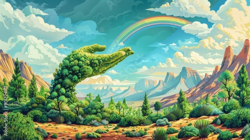 Lush green hand-shaped landscape symbolizing environmental protection with rainbow over a desert valley