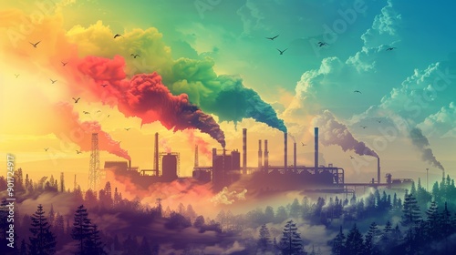 Pollution from factory chimneys releasing colorful smoke blending with the sky over a forested landscape