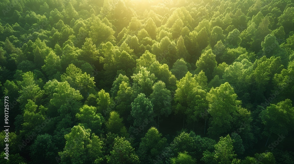 Expansive Lush Green Forest Underneath a Warm Golden Light During Early Morning. Generative AI Expansive Lush Green Forest Underneath a Warm Golden Light During Early Morning. Generative AI
