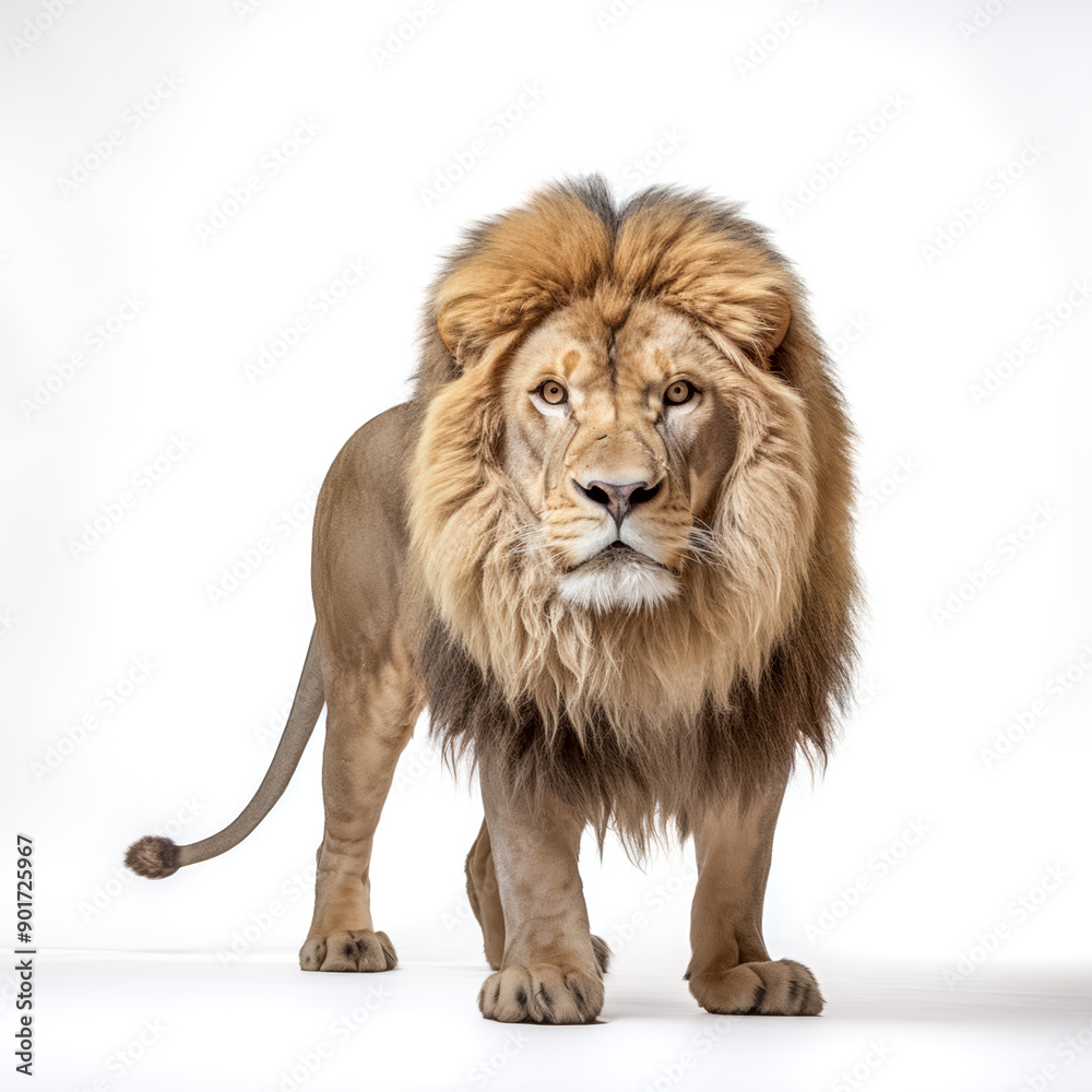 Löwe (Panthera leo) mit prächtiger Mähne, freigestellt vor weißem Hintergrund, Generative AI Löwe (Panthera leo) mit prächtiger Mähne, freigestellt vor weißem Hintergrund, Generative AI