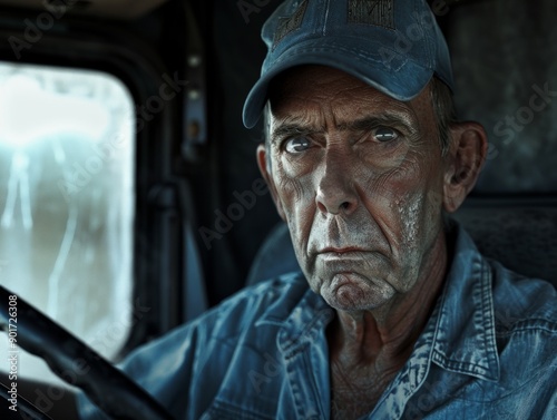 Medium shot of Bus driver man, themed background, bright tonality, in the style of fashion photography.