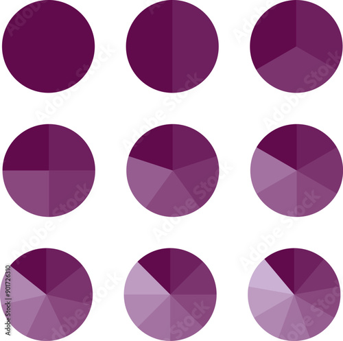 Circles divided diagram 3, 10, 7, graph icon pie shape section chart. Segment circle round vector 6, 9 devise infographic.