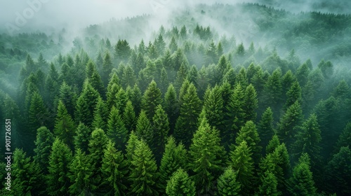 Lush Evergreen Forest Under Mysterious Morning Fog in the Mountains of Pacific Northwest. Generative AI © Рудой Максим
