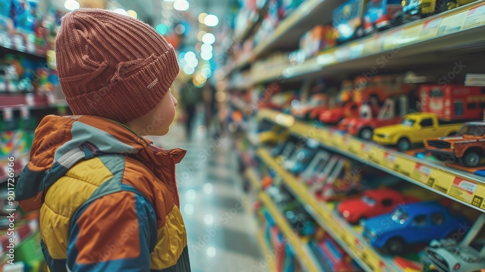 Fototapeta premium Toy store aisle with a child gazing at the shelves filled with colorful toy cars and vehicles, creating a captivating and magical environment