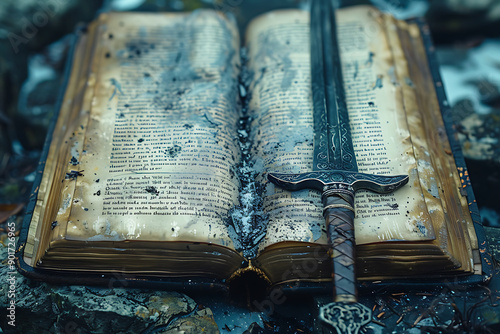 a medieval sword lying across a weathered, open book, surrounded by a forest setting with fallen leaves.